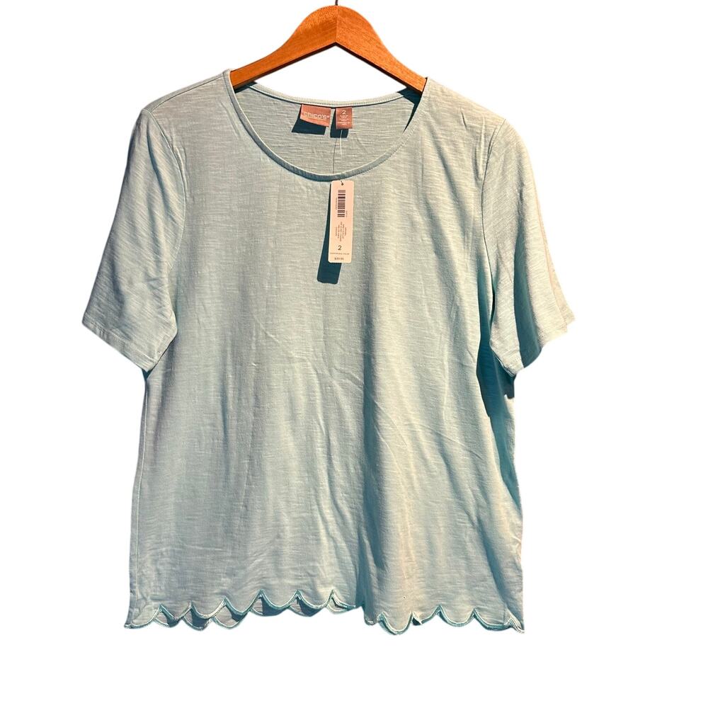 Chico's NWT Size 2 Large 12 Seafoam Green Scalloped Hem Tee 100% cotton natural